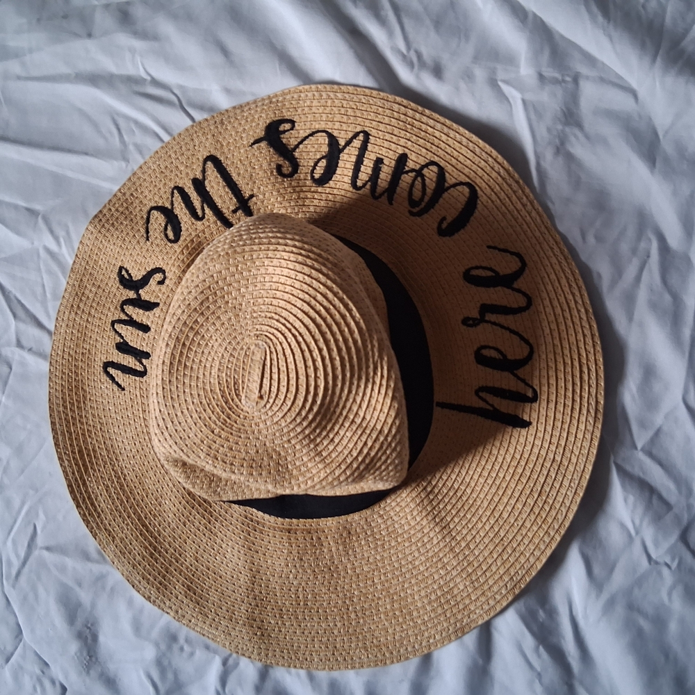 Tan Wide Brim Sun Hat with Black Text - Picture 2 of 3